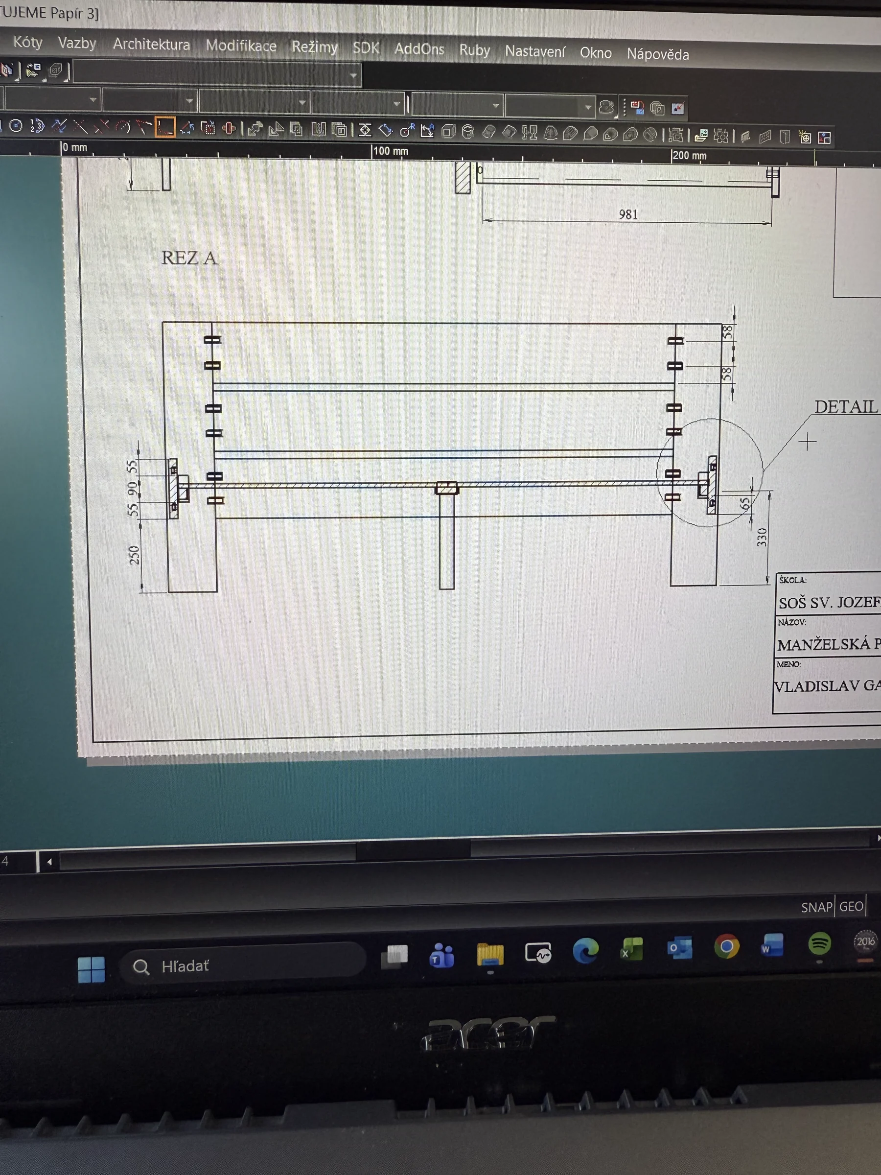 Technický návrh postele na mieru s rozmermi a detailmi spojov